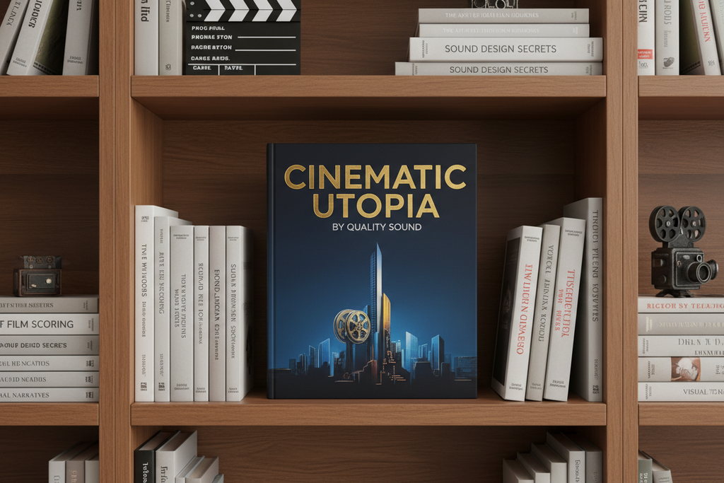 book shelf with a big book in the middle titled Cinematic Utopia by Quality Sound
