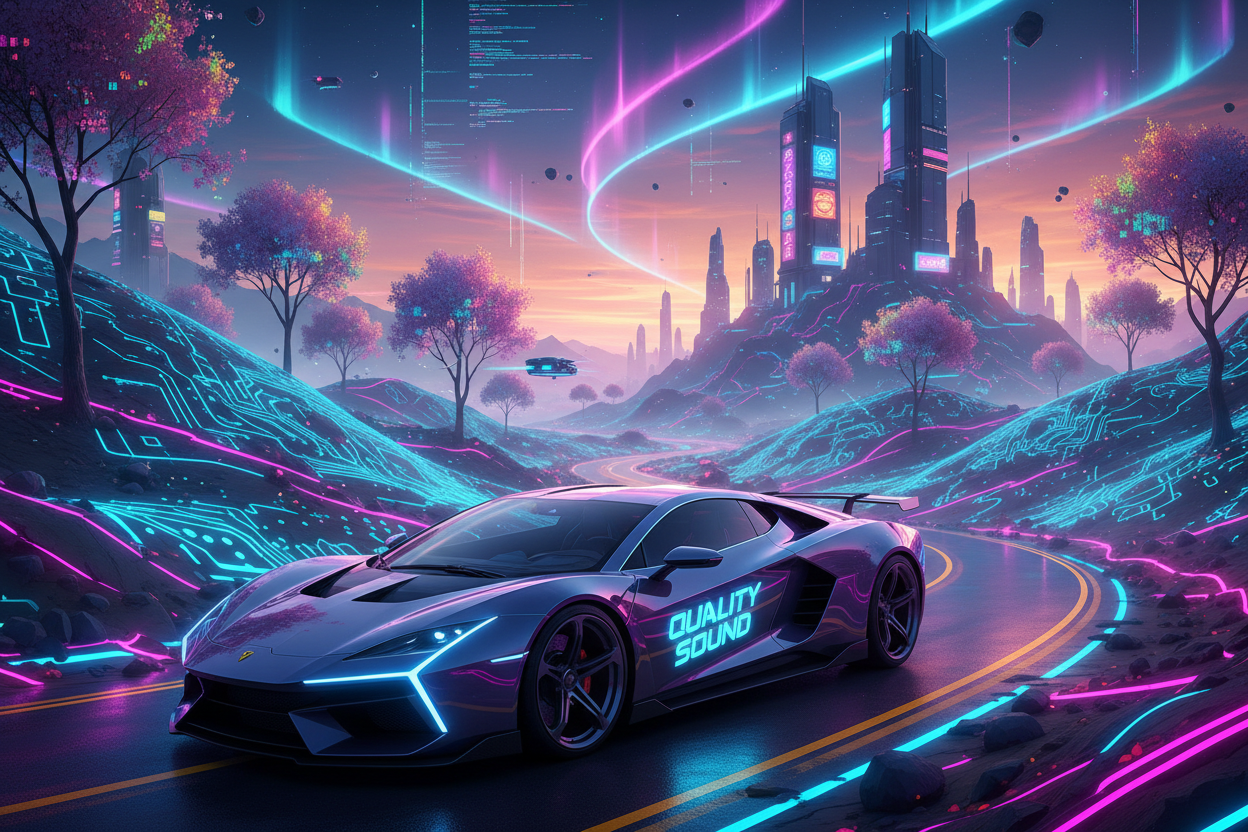 cyberpunk style countryside with sports car with logo Quality sound 